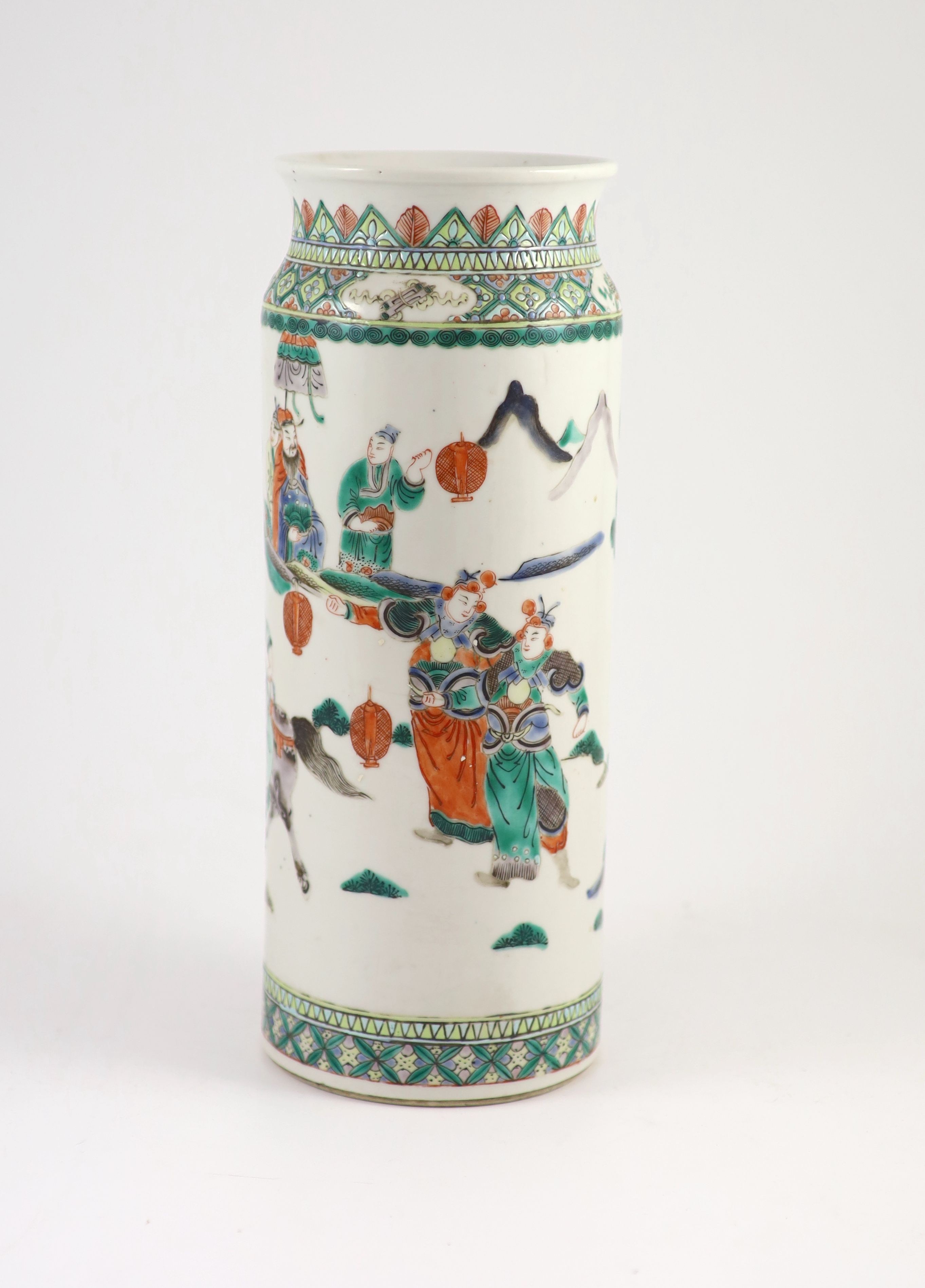 A Chinese famille verte cylindrical vase, Kangxi mark but Guangxu period, 30.5 cm high, over glazed firing cracks